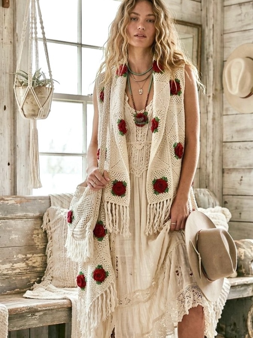 Artisan ROSE granny square Cream Crochet Fringe Vest cottagecore farmhouse vibe